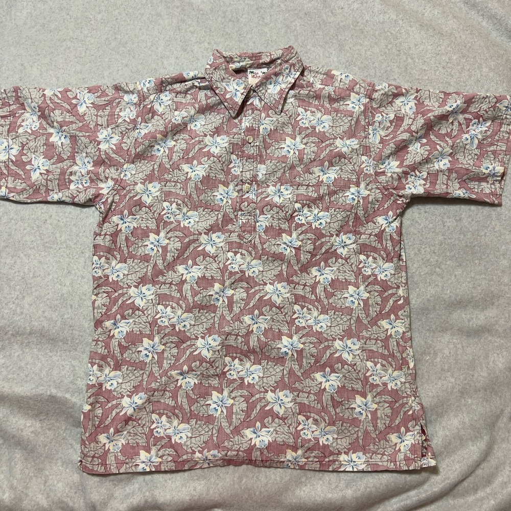 Go Barefoot Shirt Men's Medium Faded Red AOP Floral Hawaiian Made In USA Beach